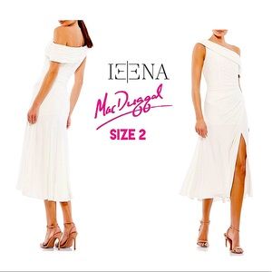 Ieena for Mac Duggal Asymmetric One Shoulder Thigh High Slit Midi Dress Ivory